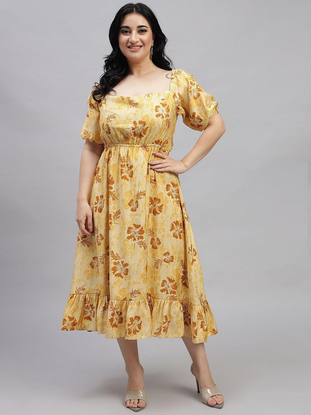 curvy lane plus size ethnic motifs printed puff sleeve a-line midi dress