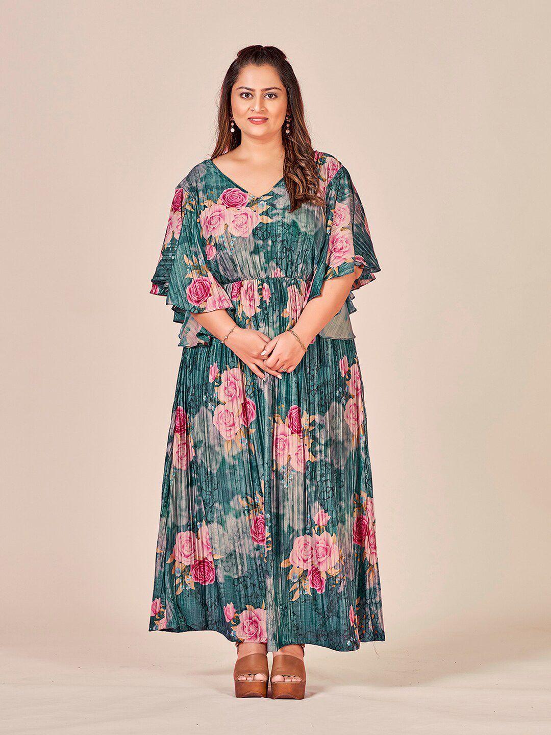 curvy lane plus size floral printed flared sleeves gathered maxi dress