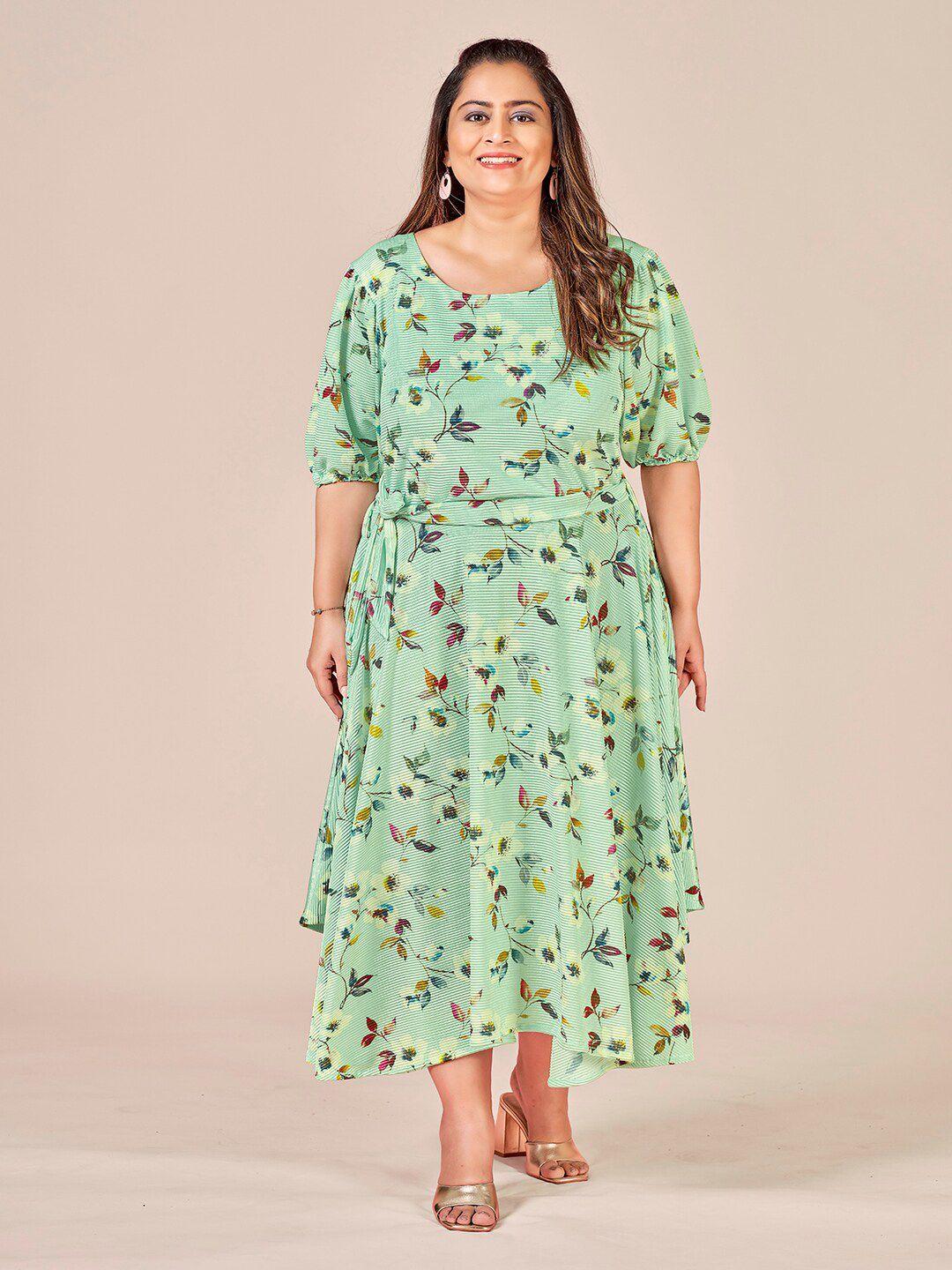 curvy lane plus size floral printed puff sleeves belted a-line dress