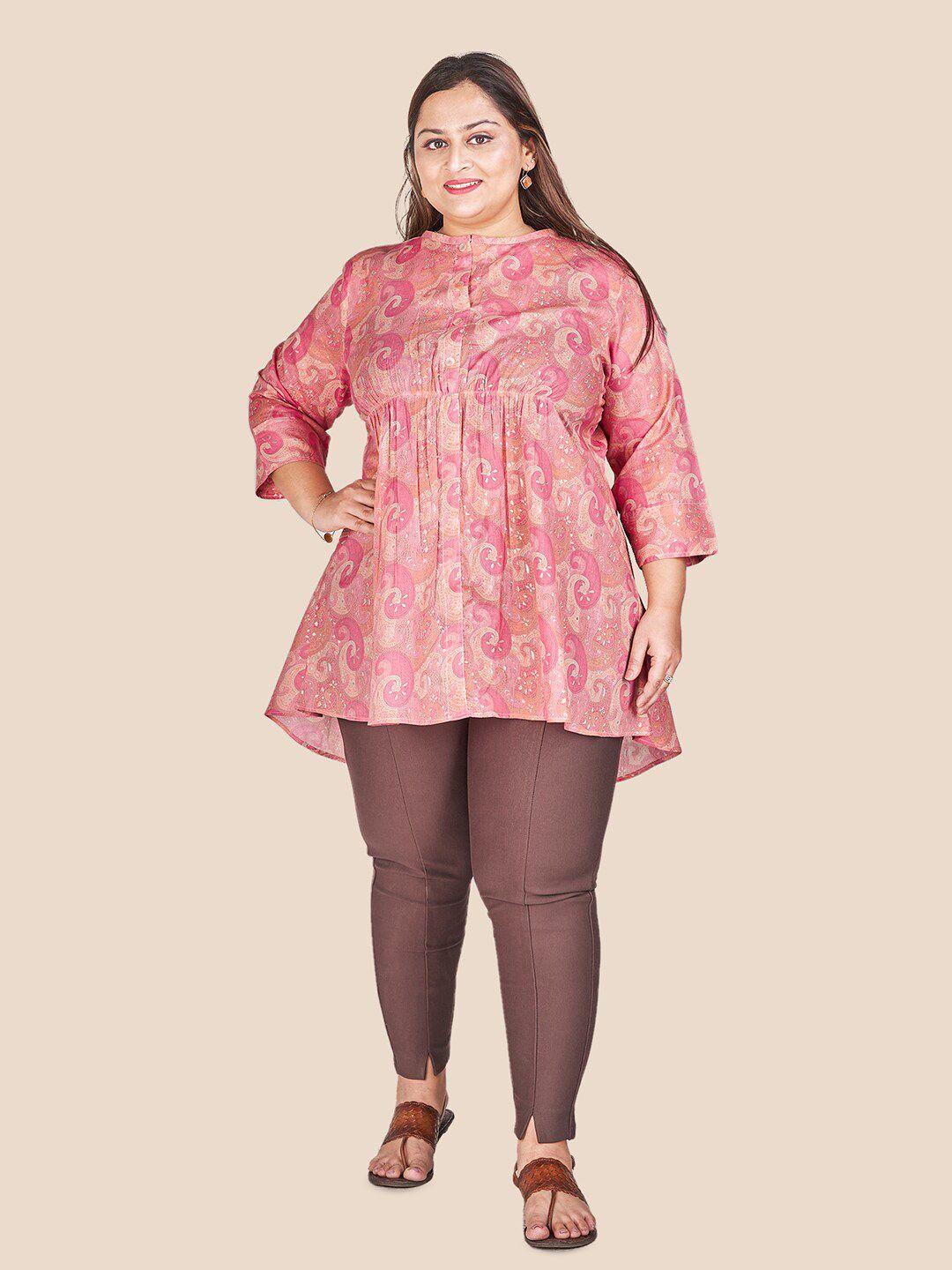 curvy lane plus size paisley printed mandarin collar a-line longline cotton top