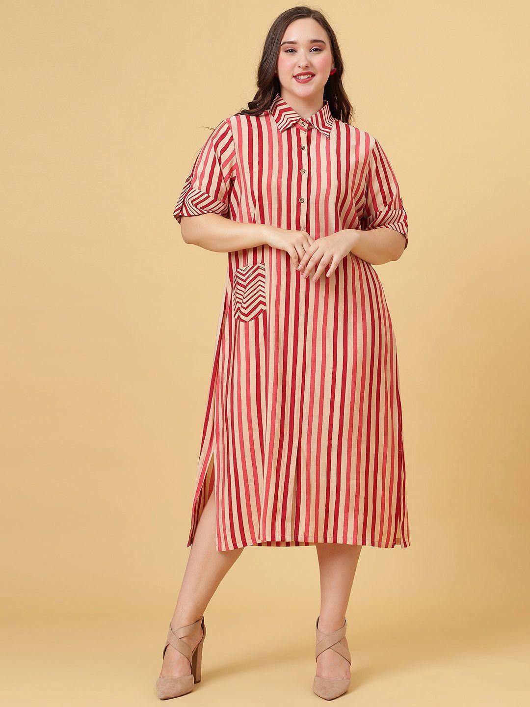 curvy lane striped roll-up sleeves midi shirt dress