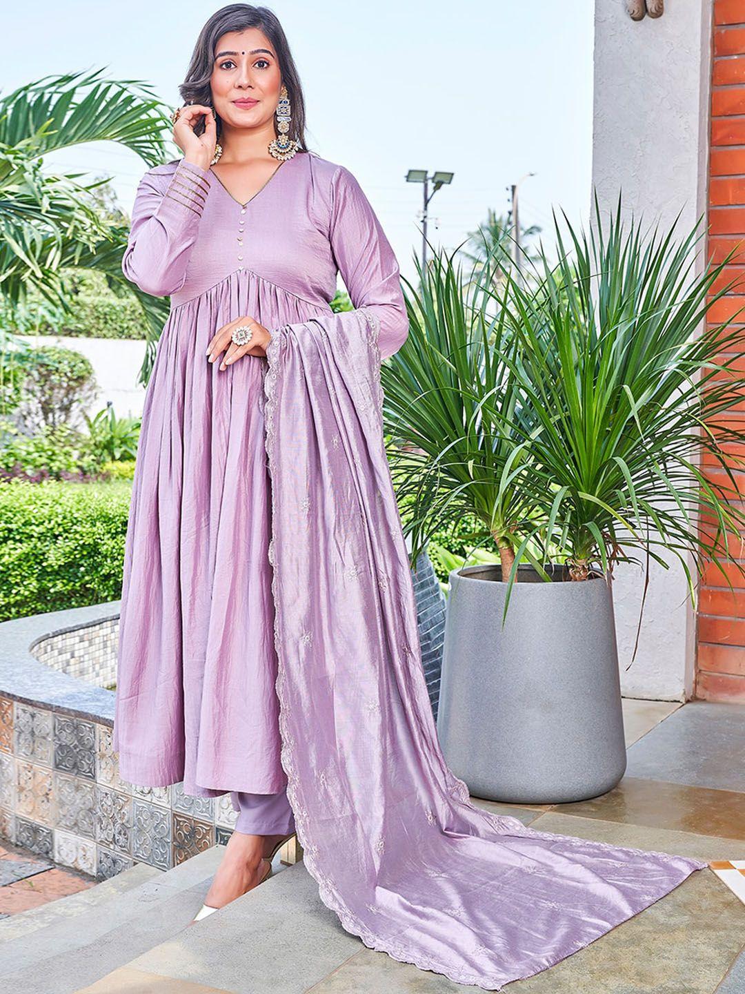 curvy lane v-neck long sleeves empire thread work kurta with trousers & dupatta