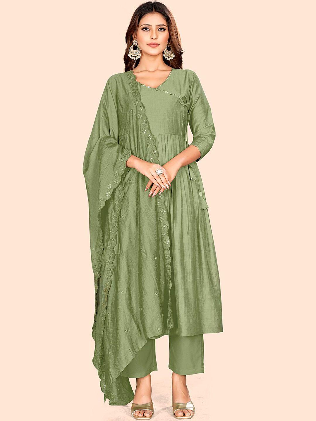 curvy lane women green angrakha gotta patti kurta with trousers & with dupatta