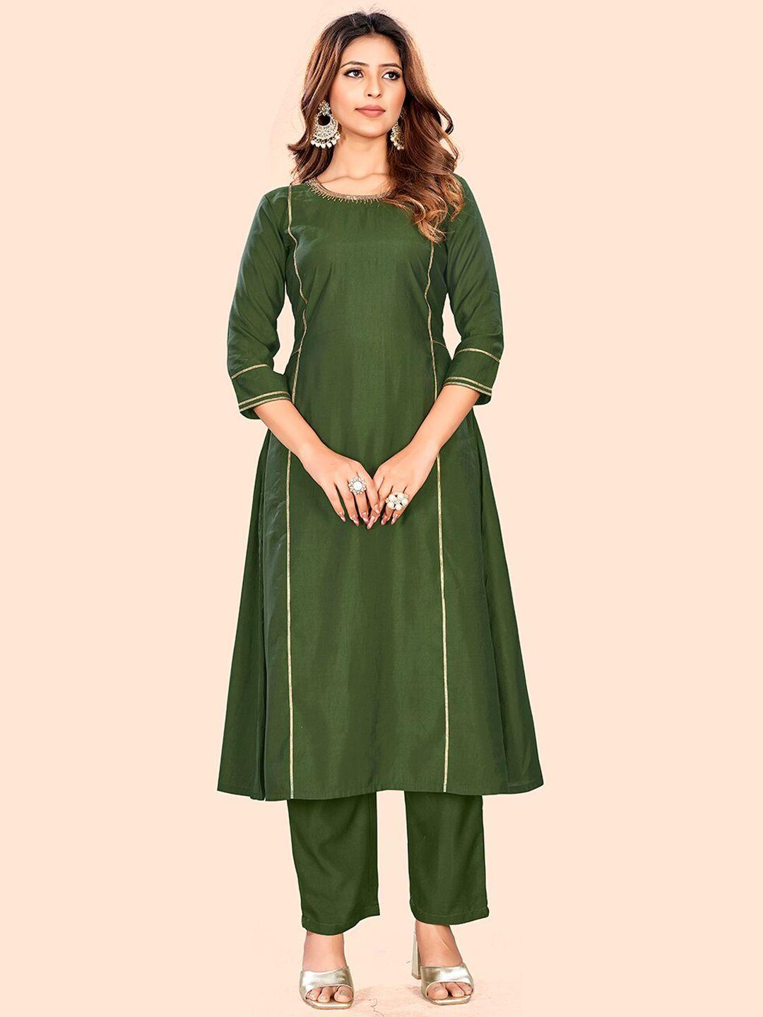 curvy lane women green regular patchwork kurta with trousers