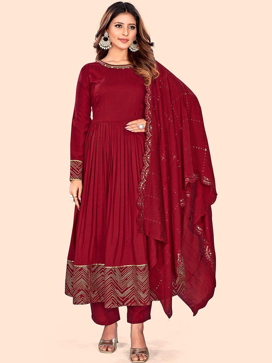 curvy lane women maroon embroidered regular patchwork kurta with trousers & with dupatta