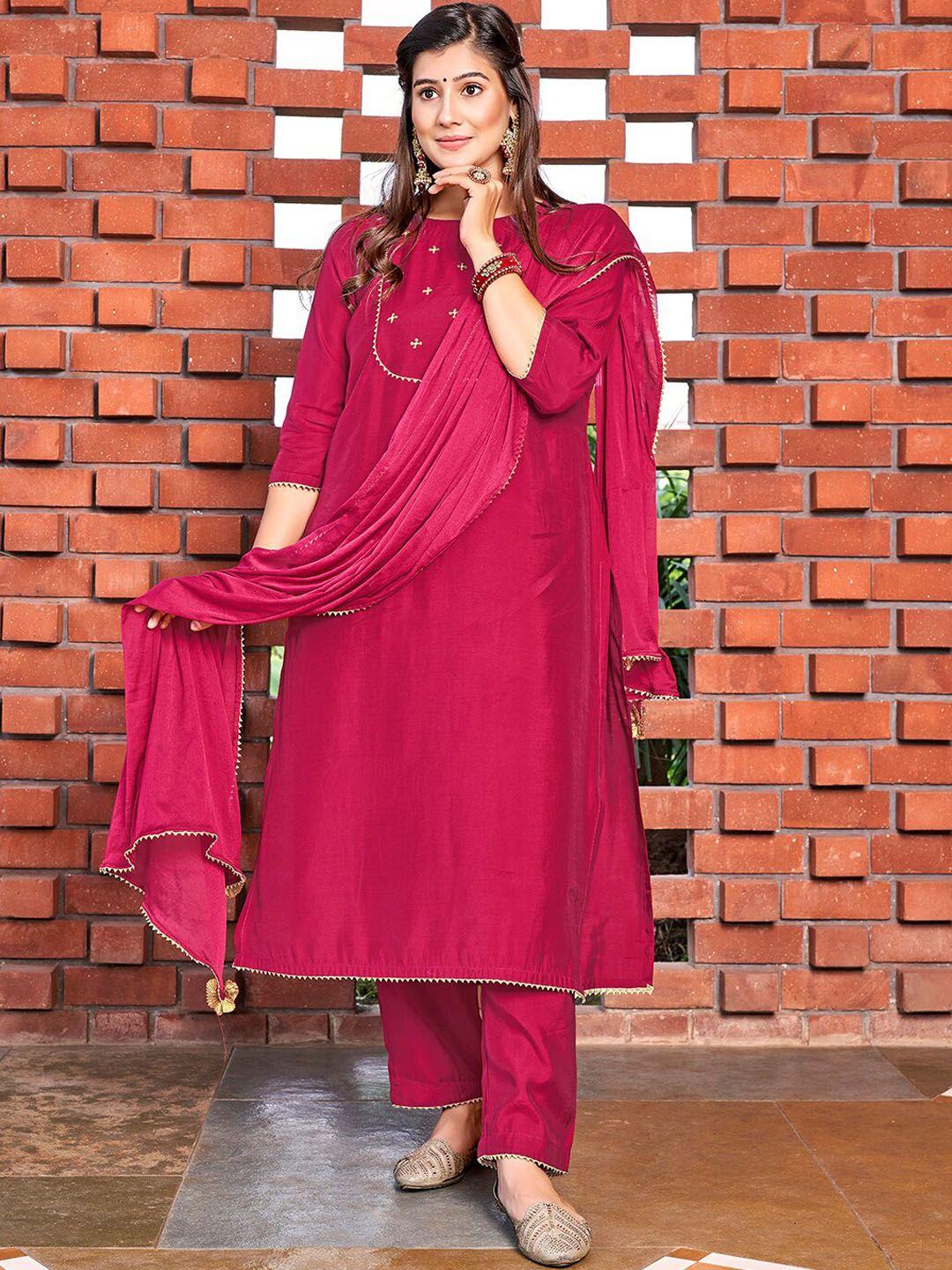 curvy lane women maroon yoke design regular sequinned kurta with trousers & with dupatta