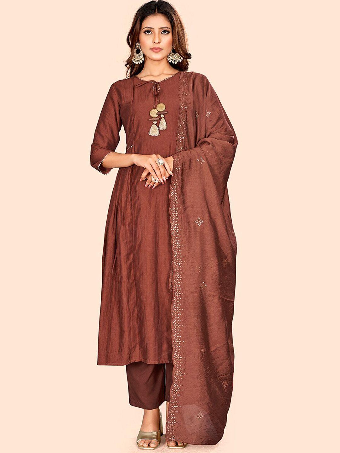 curvy lane women rust pleated gotta patti kurta with trousers & with dupatta