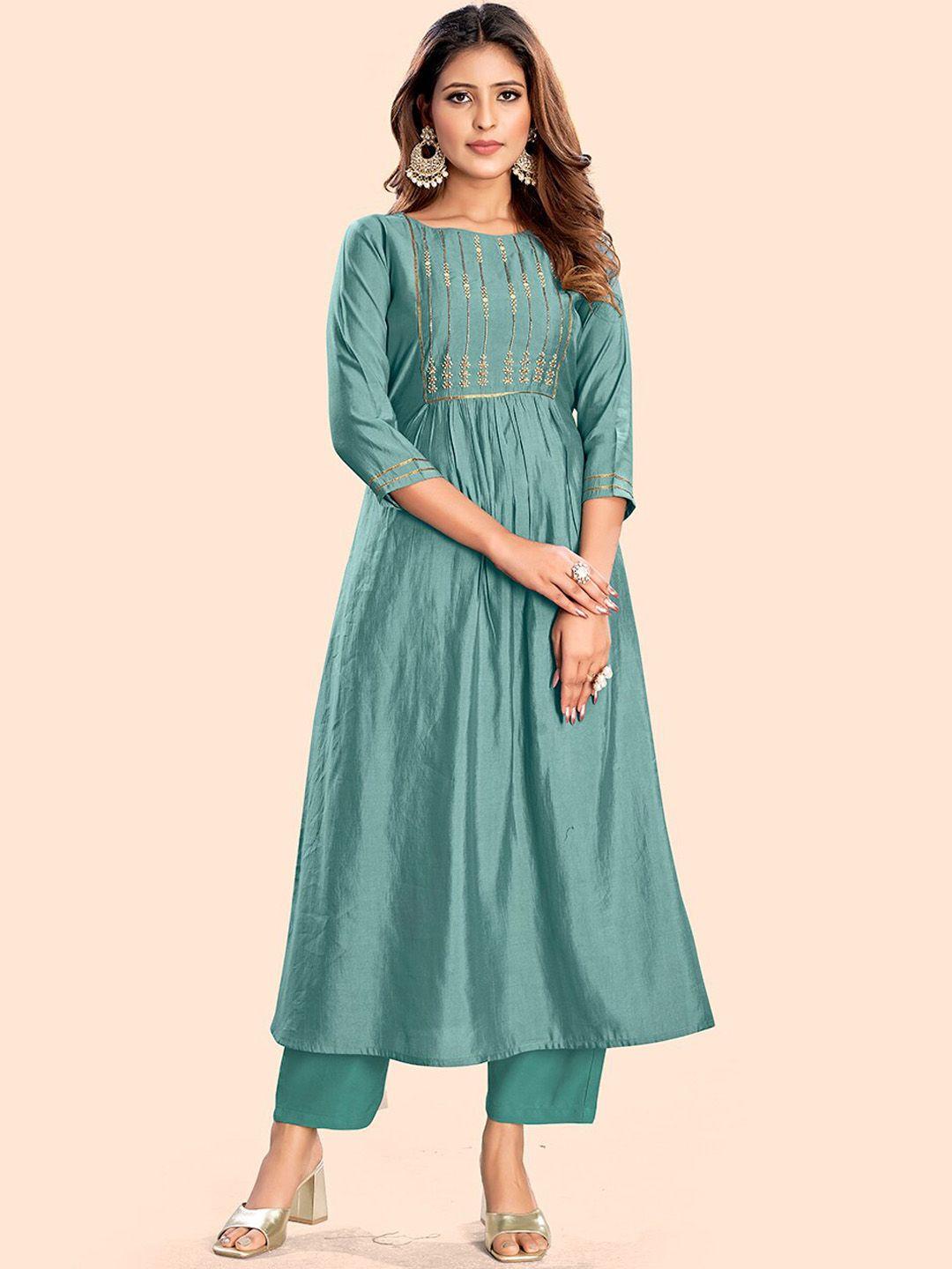 curvy lane women sea green regular patchwork kurta with trousers