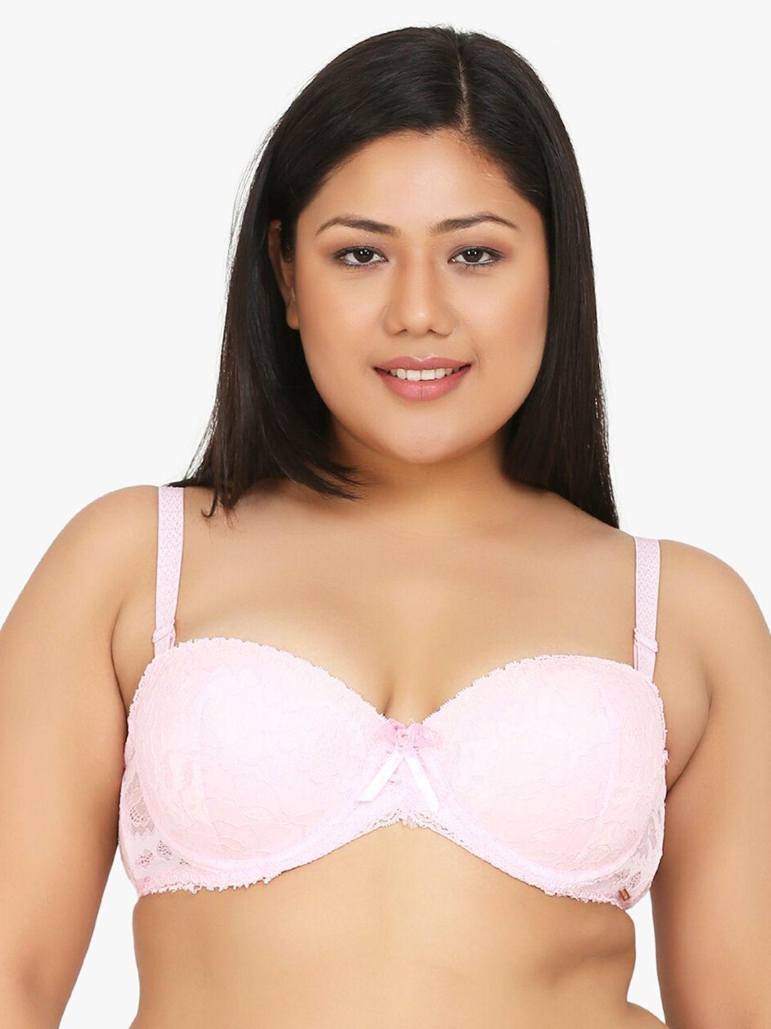 curvy love pink lace under-wired & heavily-padded plus size balconette bra cl-18-c20