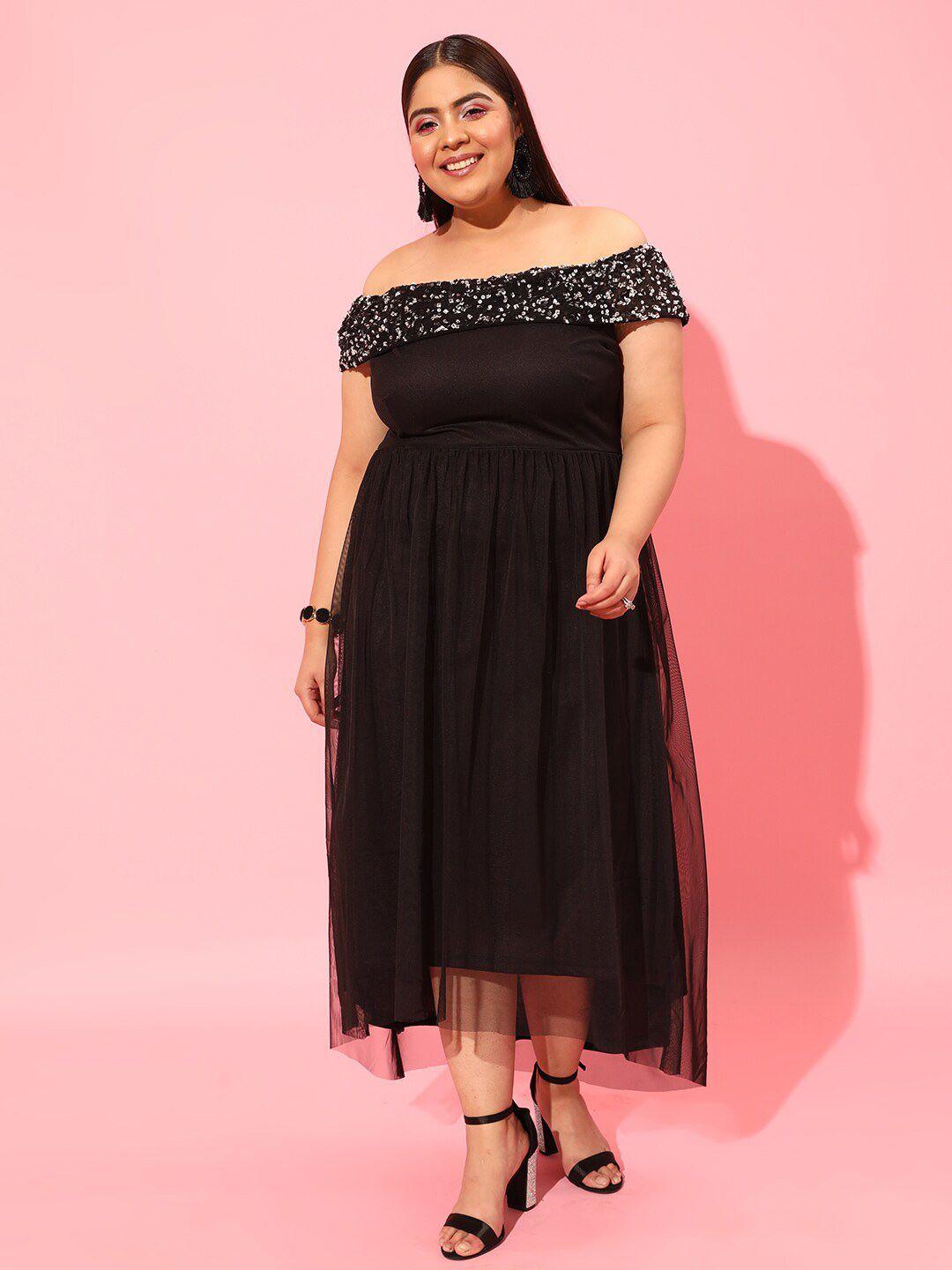 curvy street black plus size off-shoulder net maxi dress