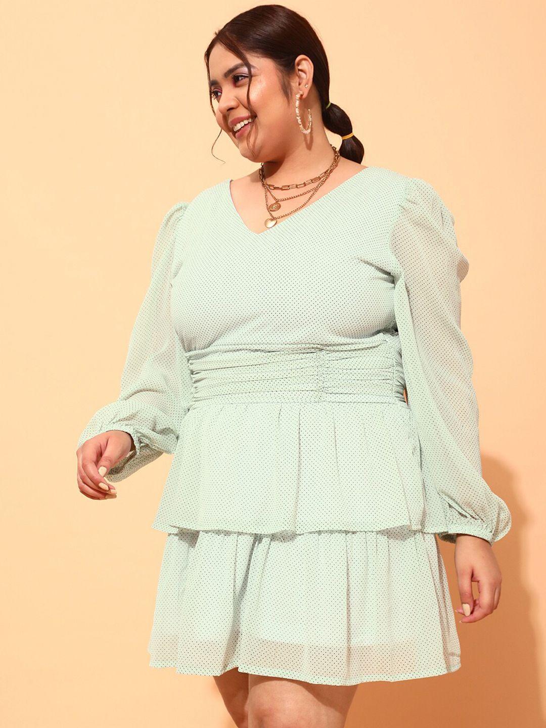 curvy street plus size sea green & black polka dot printed puff sleeve fit & flare dress