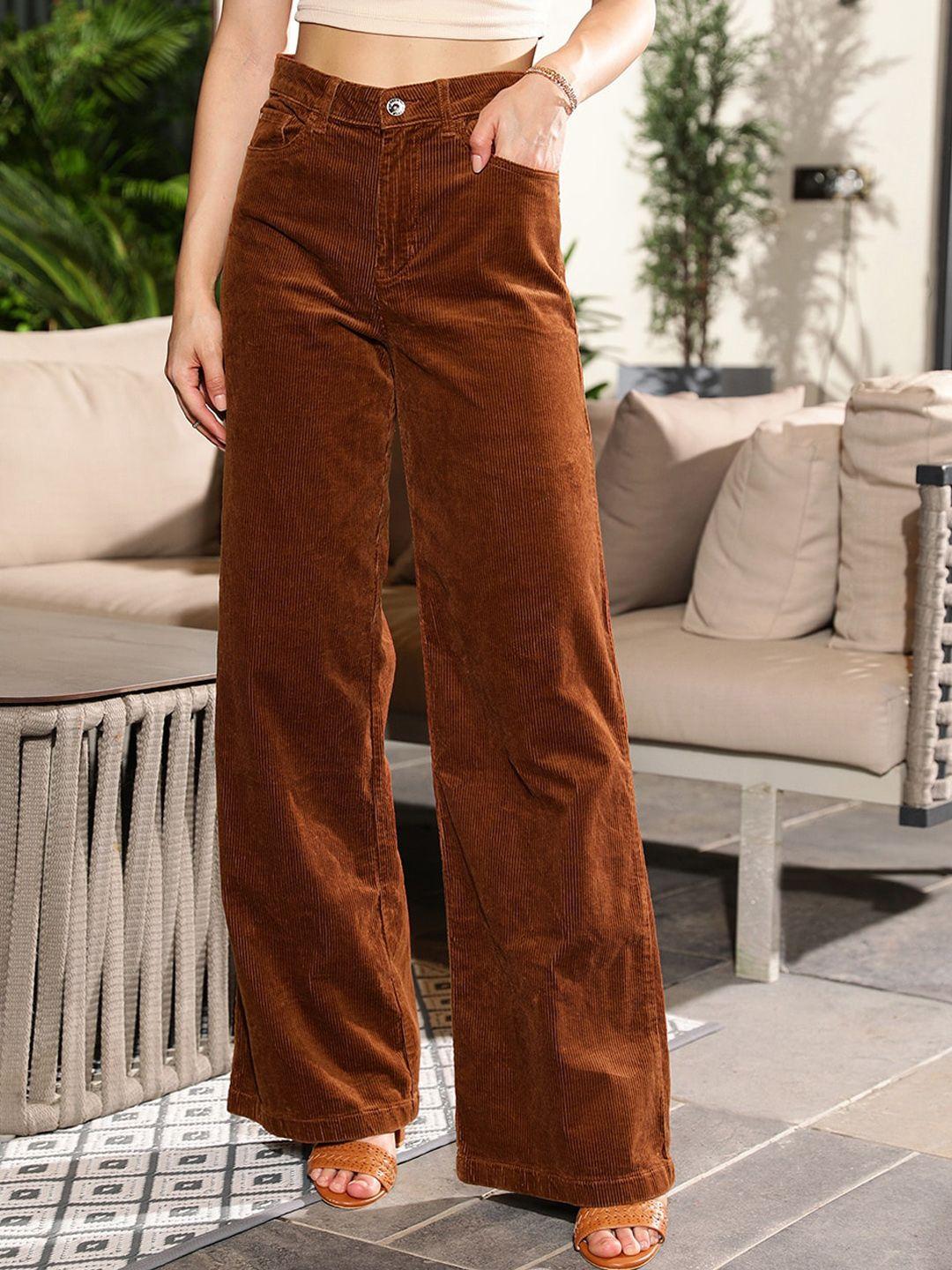 curvy street women brown flared high-rise corduroy trouser