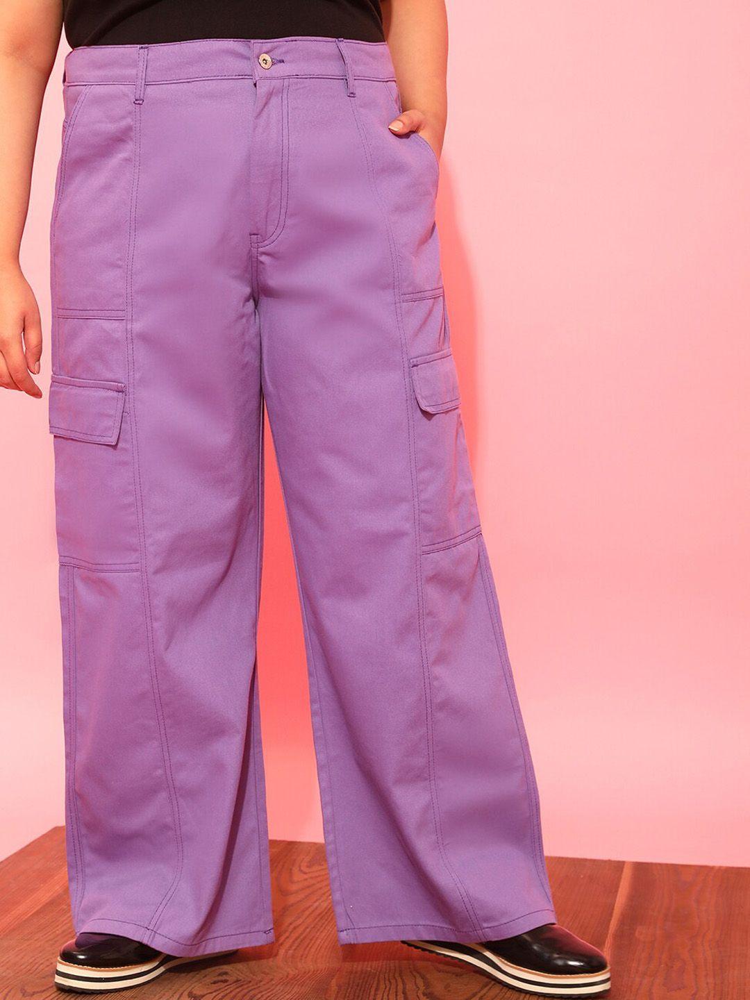 curvy street women plus size lavender relaxed straight leg pure cotton trousers