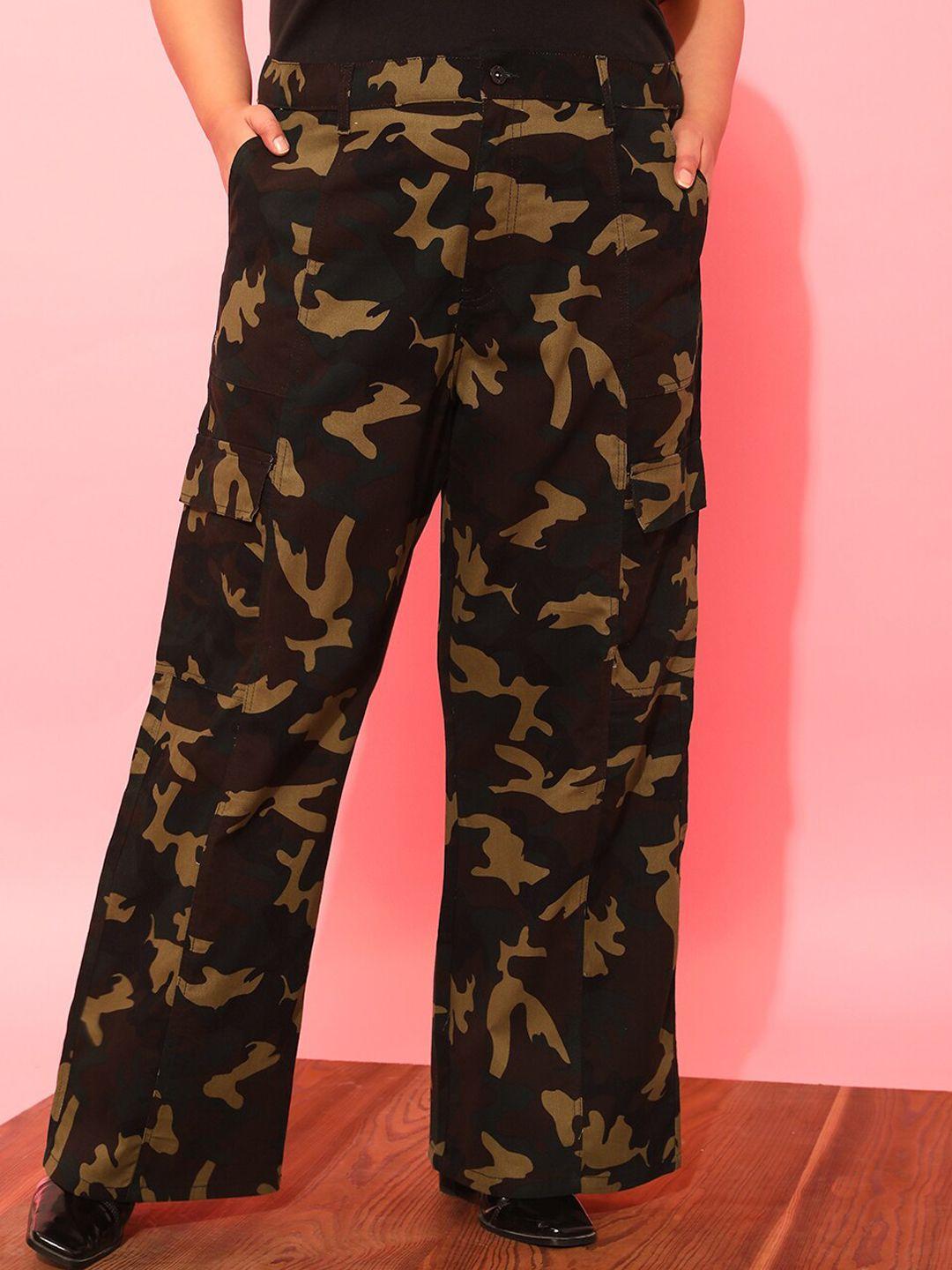 curvy street women plus size olive green printed relaxed straight leg pure cotton trousers