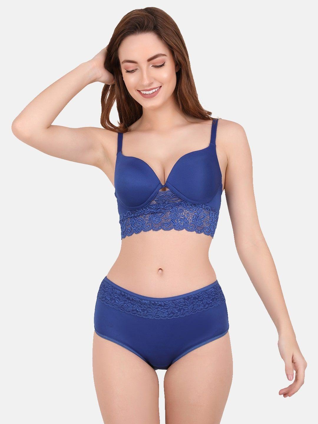 curwish women blue solid lace lingerie set