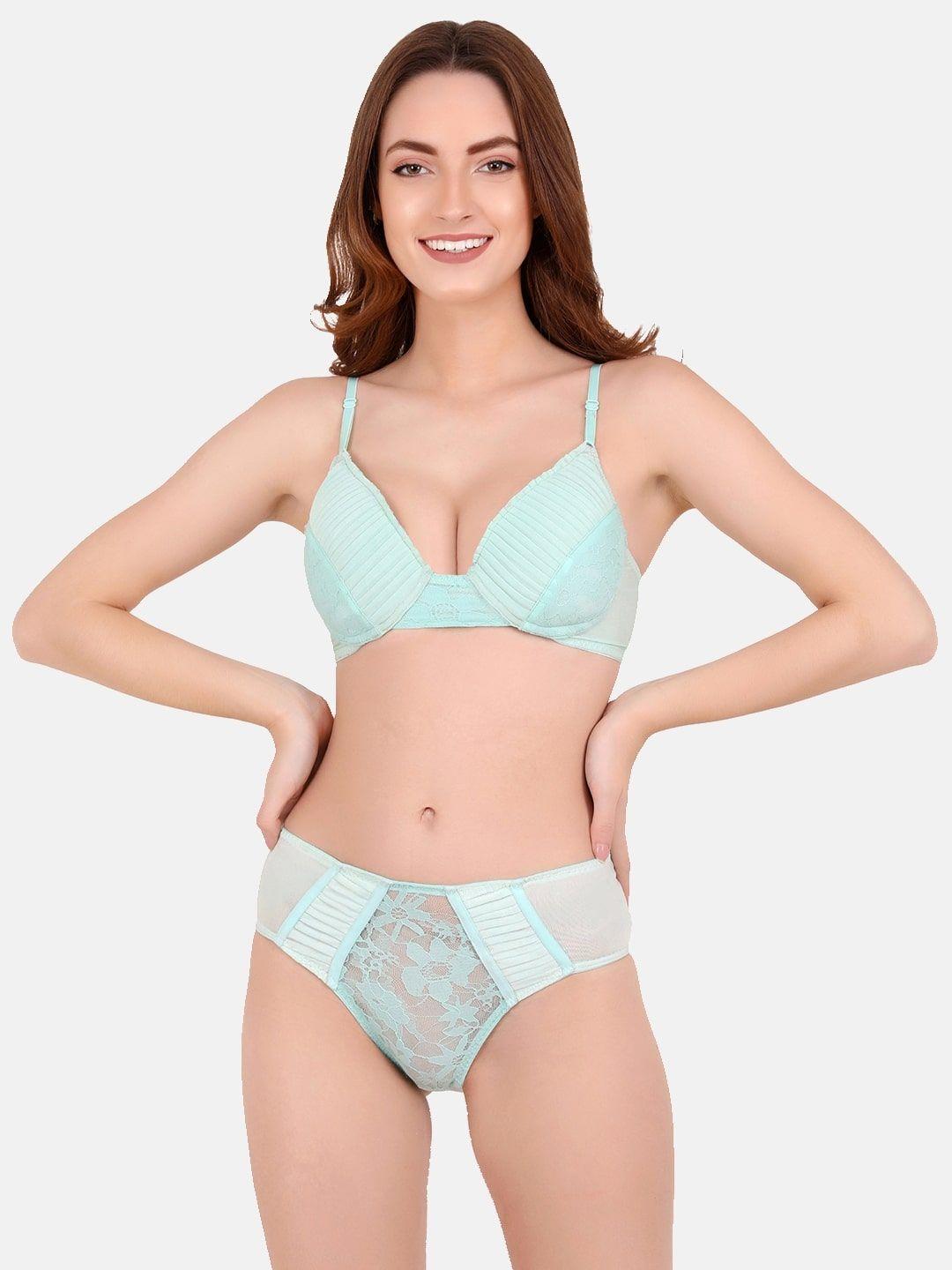 curwish women blue solid lace lingerie set