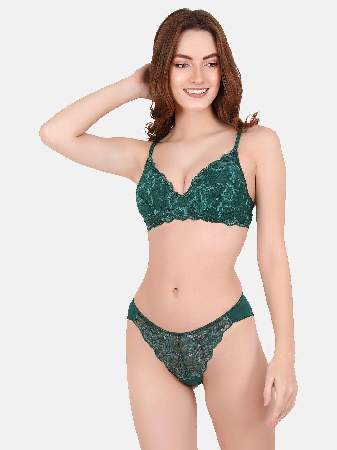 curwish women green padded underwired lace lingrie sets