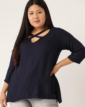 cut-out neck top with high-low hem