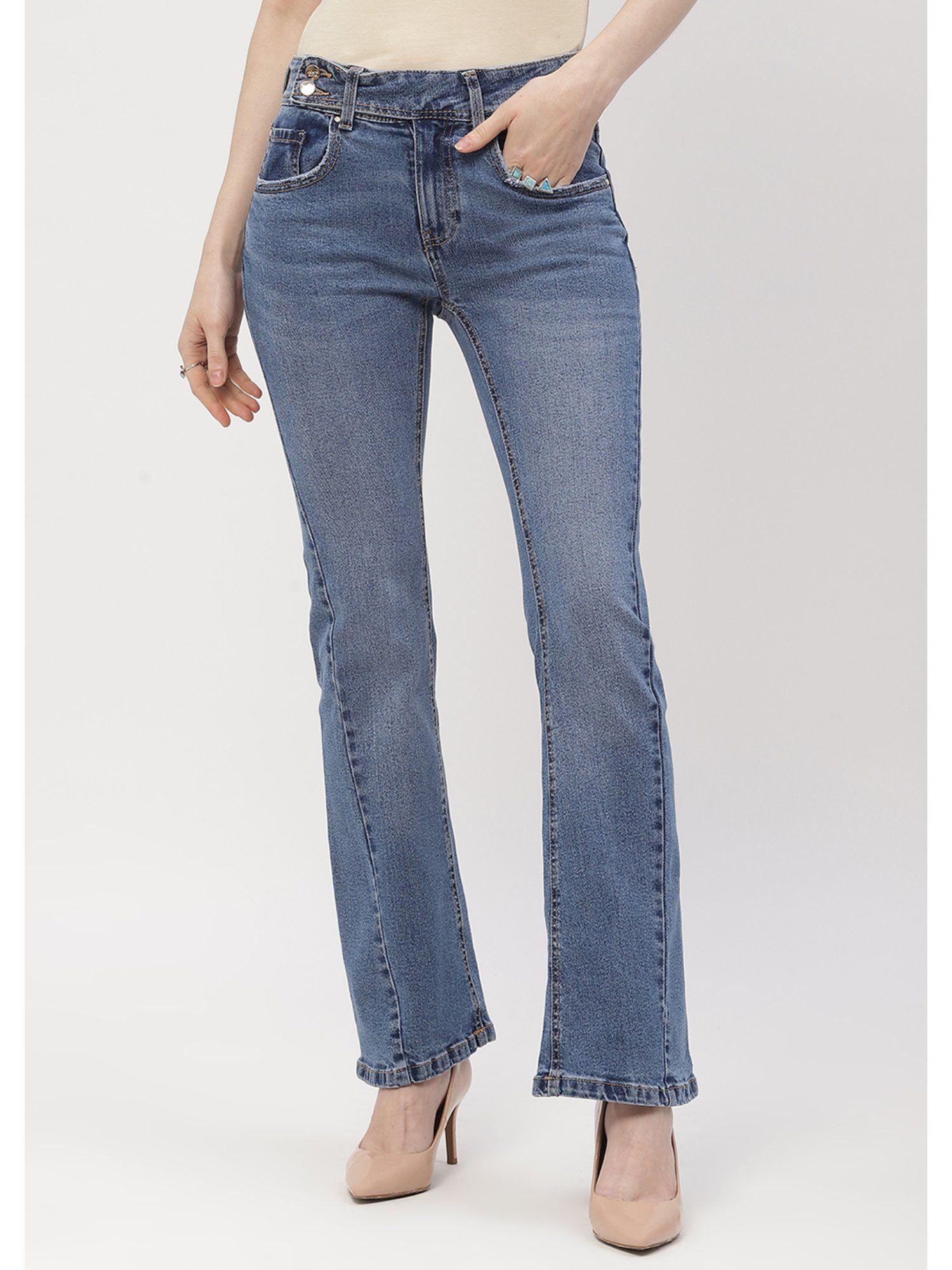 cut seam dark blue flared jeans