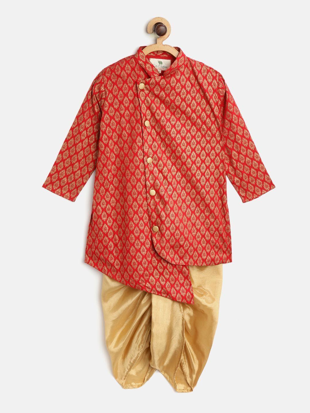 cute couture boys red & gold-toned printed kurta with dhoti pants