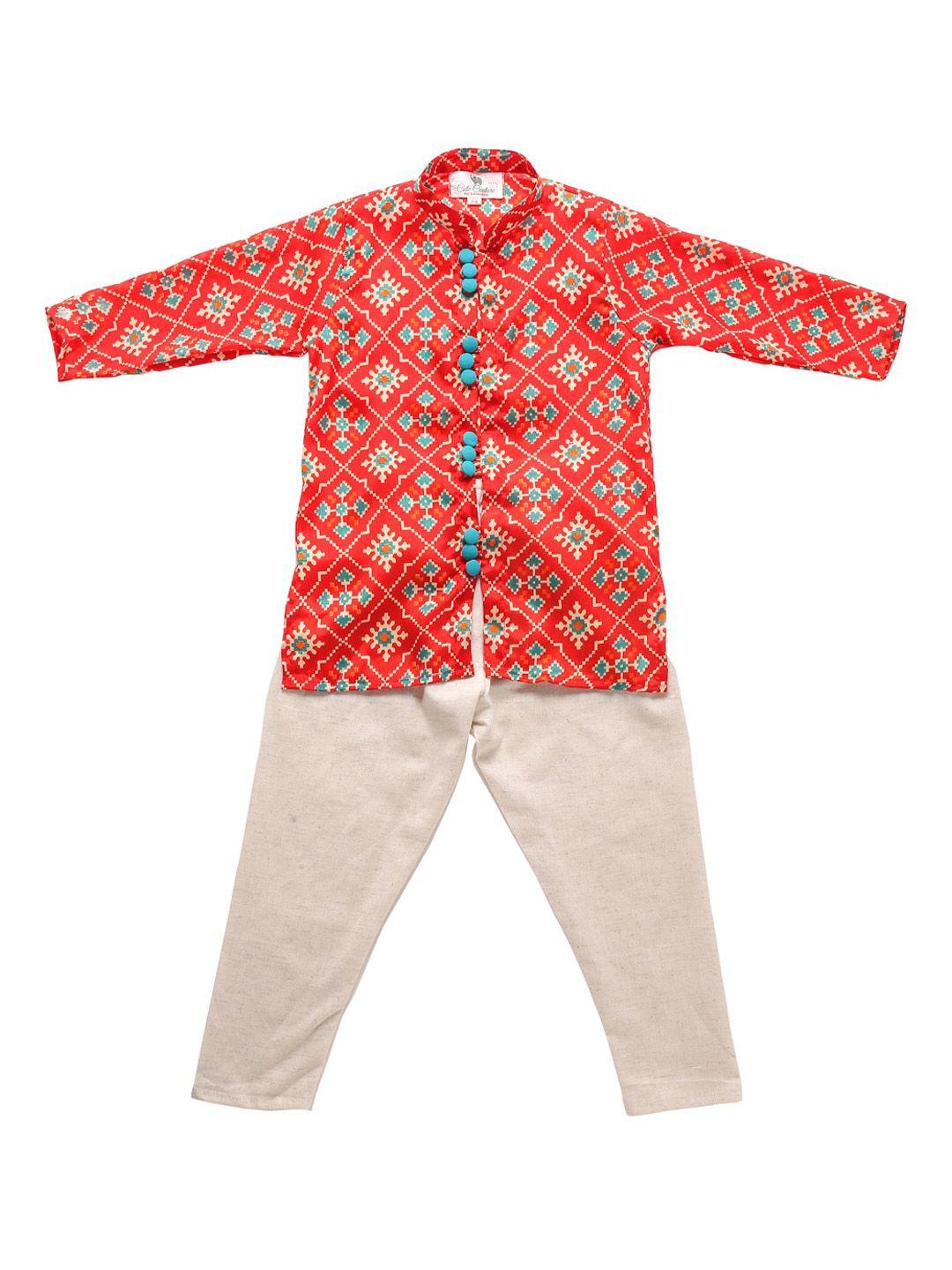 cute couture boys red ethnic motifs printed regular kurta with pyjamas