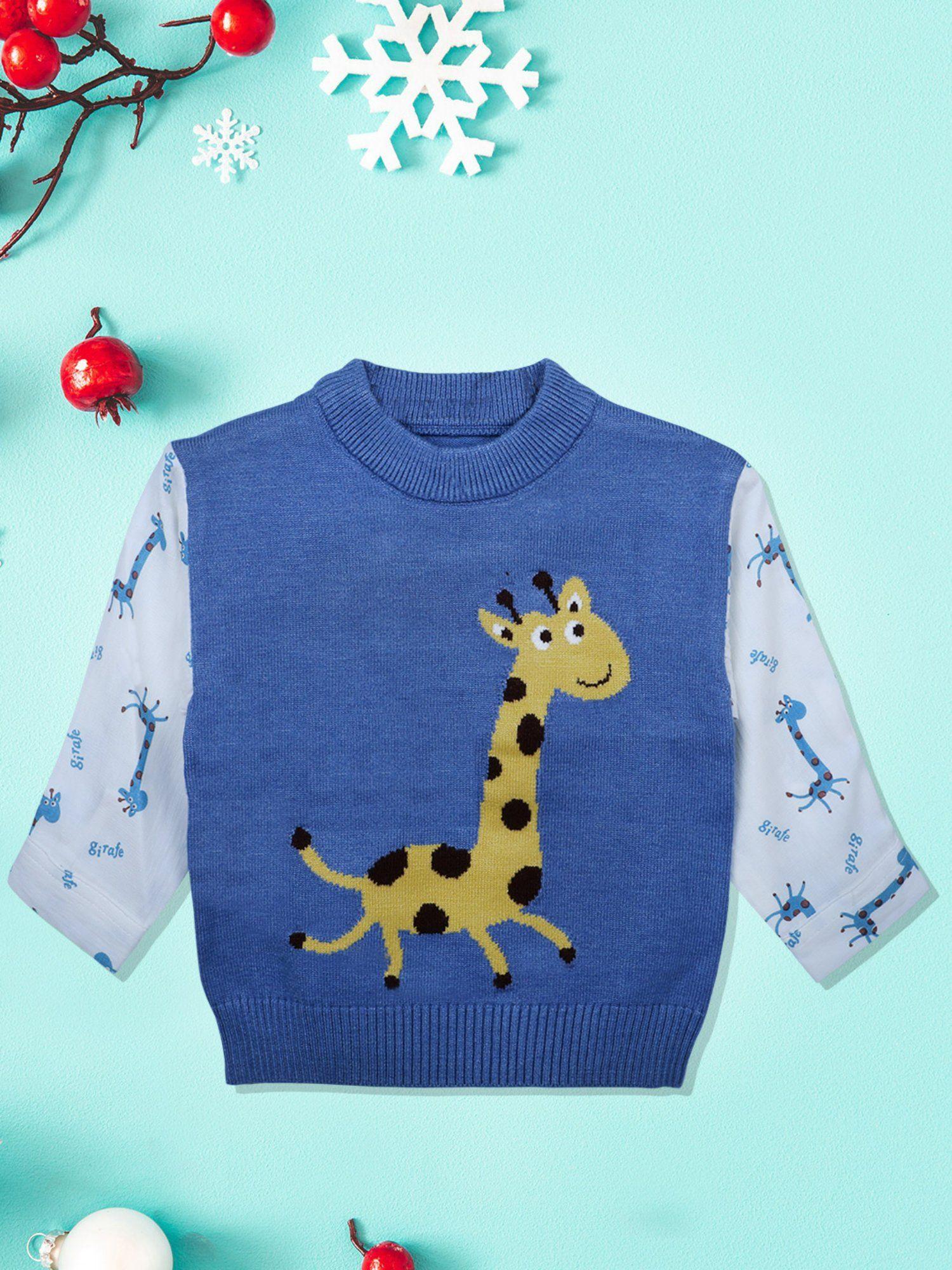 cute giraffe premium full sleeves knitted sweater blue and white