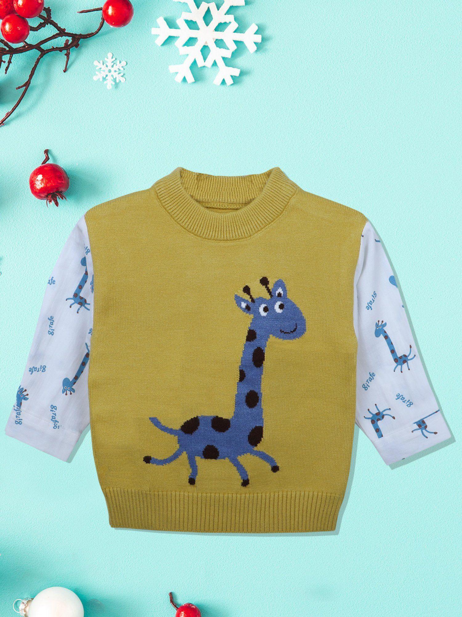 cute giraffe premium full sleeves knitted sweater mustard and white