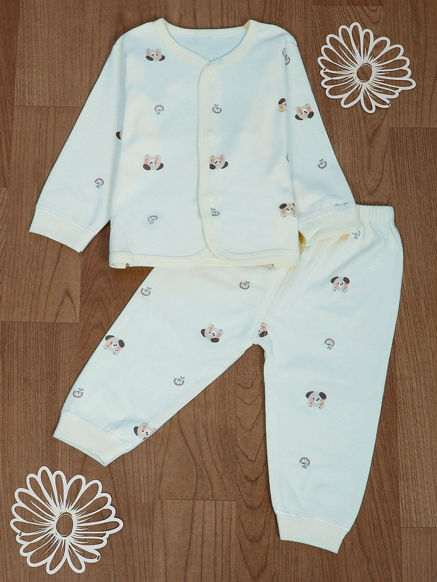 cute puppy full sleeves buttoned pyjama night suit yellow (set of 2)