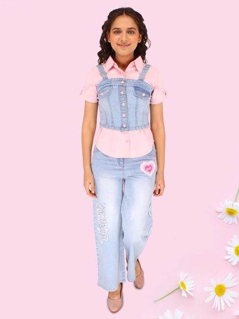 cutecumber kids blue & pink embroidered shirt set