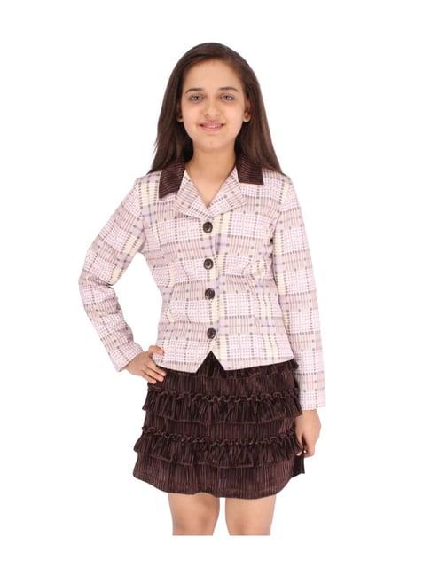 cutecumber-kids-brown-&-pink-chequered-full-sleeves-jacket-with-skirt