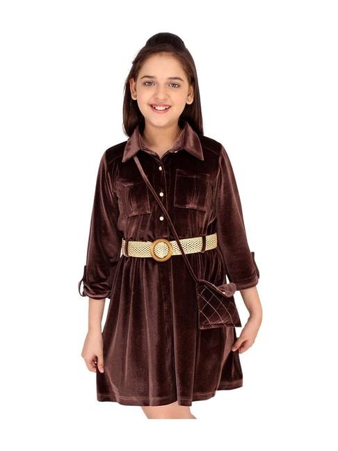 cutecumber kids brown dress with belt & sling bag