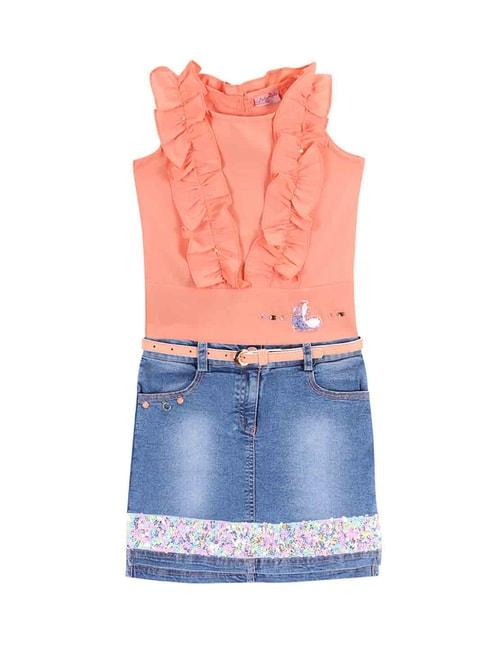 cutecumber kids orange & blue embellished top, skirt with belt