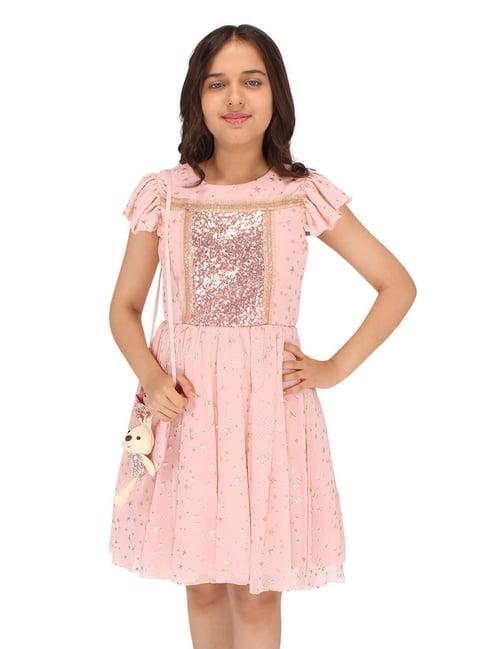 cutecumber kids peach embellished dress with sling bag