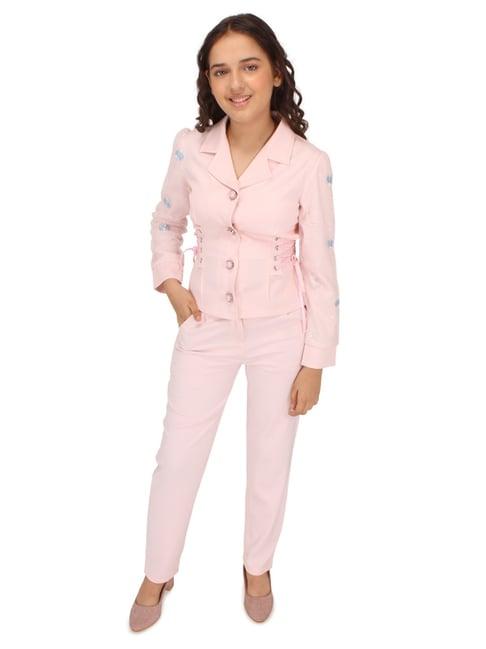 cutecumber kids peach embellished full sleeves coat with trousers