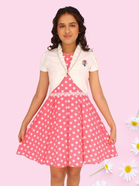 cutecumber kids pink & white printed dress with shrug