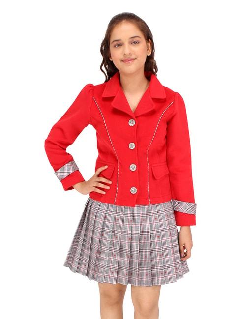 cutecumber-kids-red-&-grey-checks-full-sleeves-coat-with-skirt