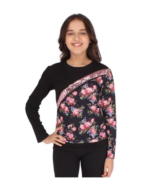cutecumber kids black & pink floral print full sleeves top