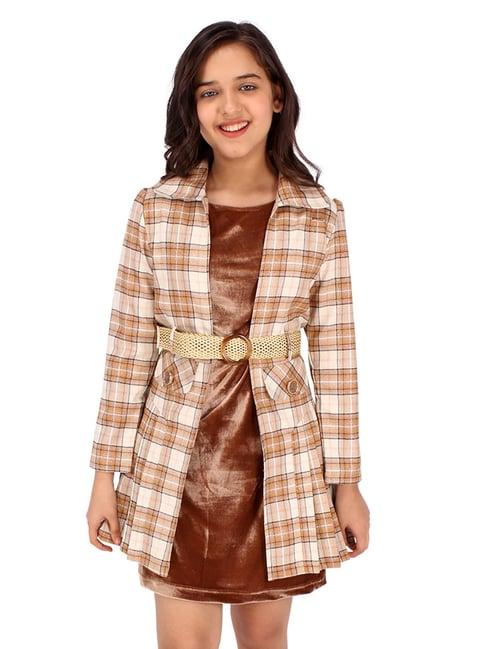 cutecumber kids brown checks full sleeves dress with shrug