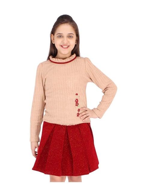 cutecumber kids brown self pattern top & skirt
