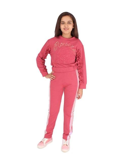 cutecumber kids coral pink embroidered full sleeves sweatshirt set