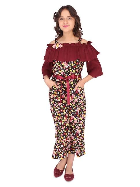 cutecumber kids maroon floral print jumpsuit with ribbon belt