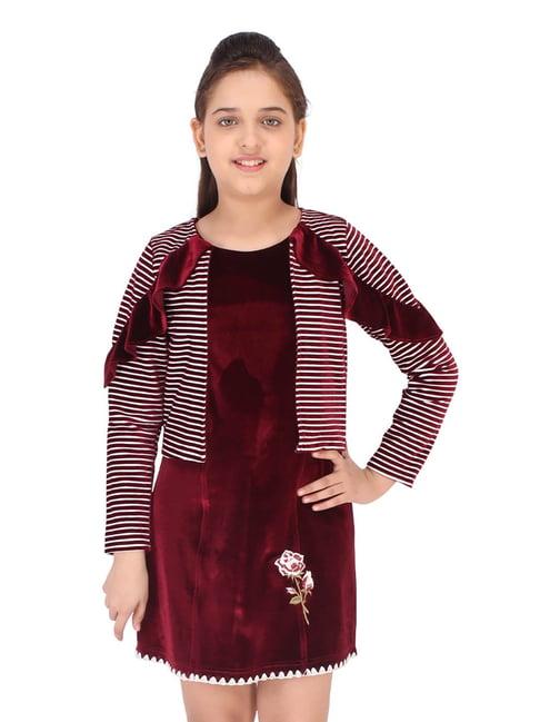 cutecumber kids maroon solid dress with shrug