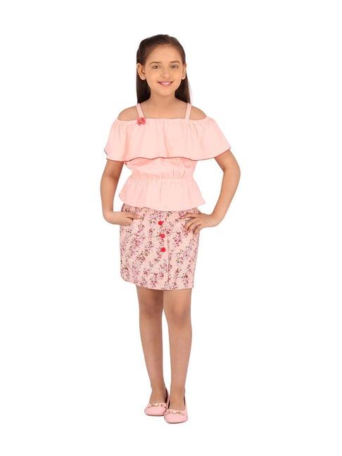 cutecumber kids peach floral print top & skirt set