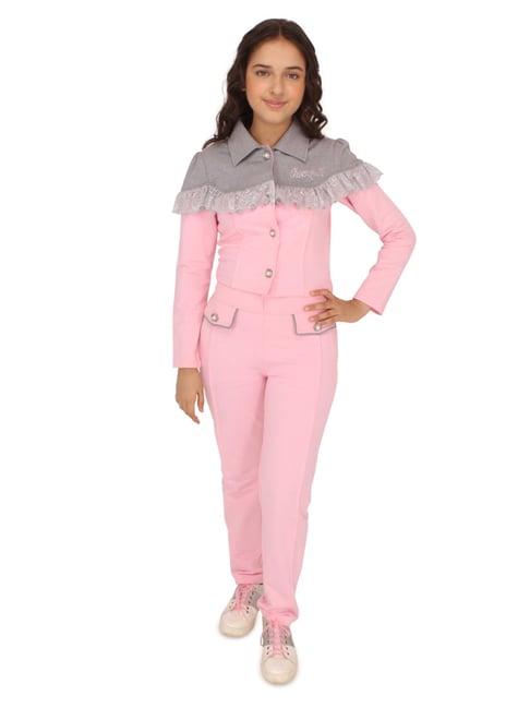 cutecumber kids pink & grey solid full sleeves shirt with trousers