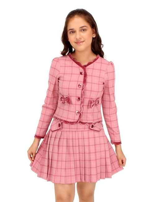 cutecumber kids pink checks full sleeves top with skirt