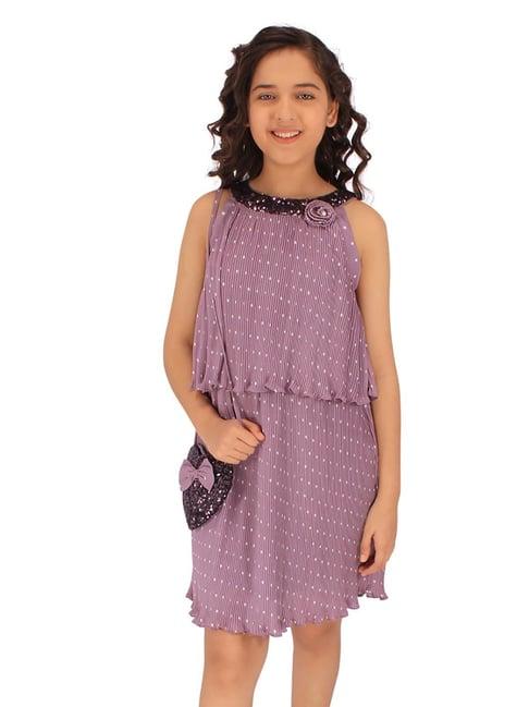 cutecumber kids purple printed dress with sling bag