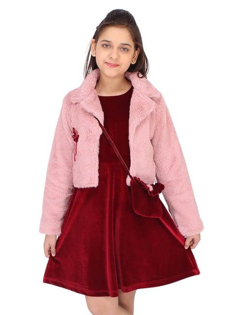 cutecumber kids red & pink solid dress, shrug with sling bag