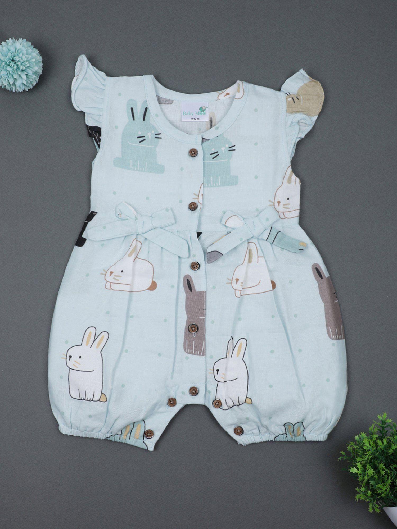 cutie bunny with bows sleeveless buttoned muslin romper-blue
