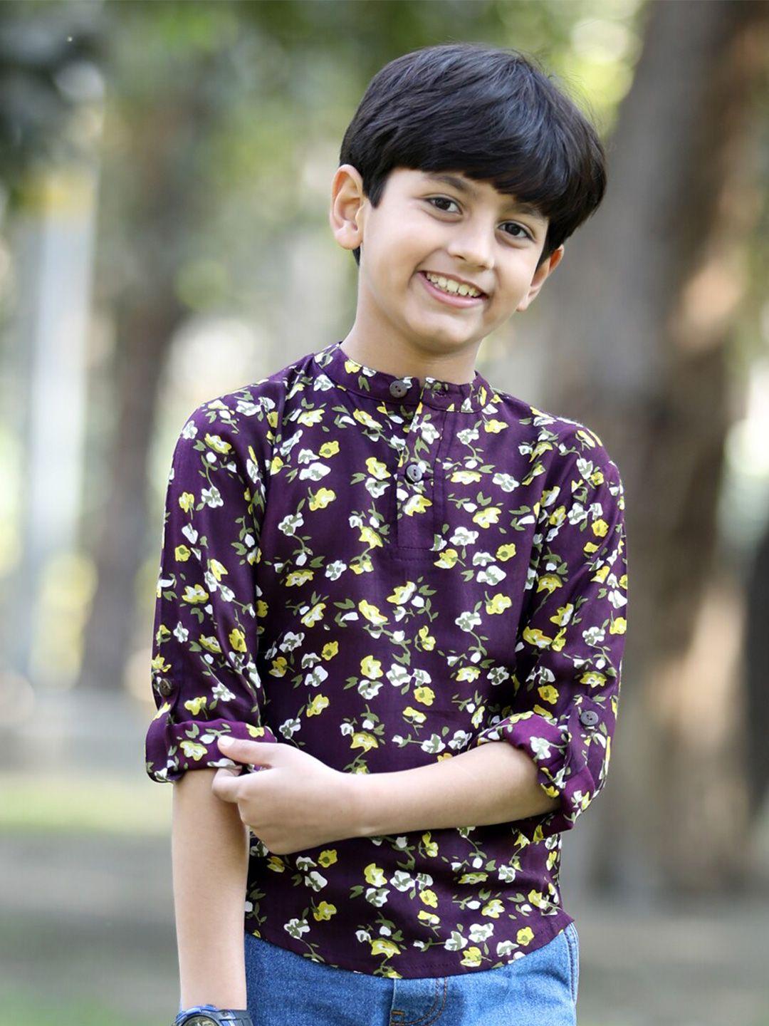 cutiekins boys floral printed band collar roll-up sleeve shirt