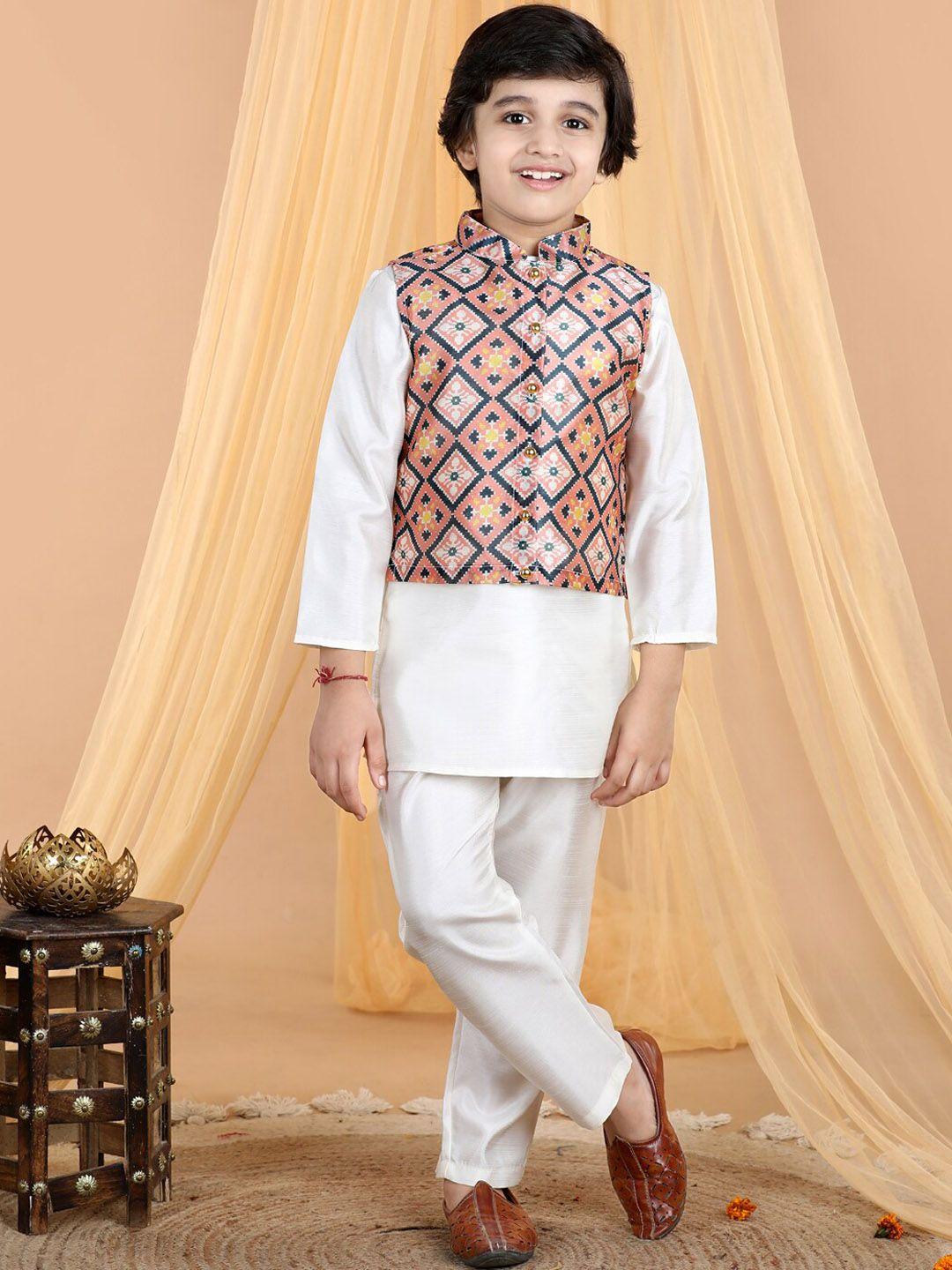 cutiekins boys mandarin collar regular art silk kurta with pyjamas & nehru jacket
